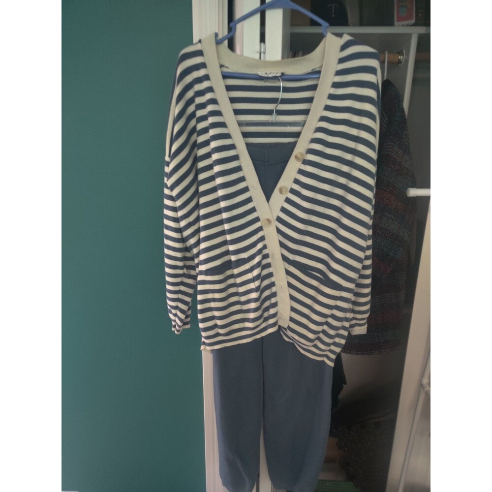 AKF New York Women's 2-Piece Knit Striped Button V-Neck Cardigan Pants L
